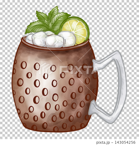 Hand painted digital watercolor Moscow Mule cocktail in copper mug isolated on transparent background. Hand painted digital watercolor Moscow Mule cocktail in copper mug isolated on transparent background. 143054256