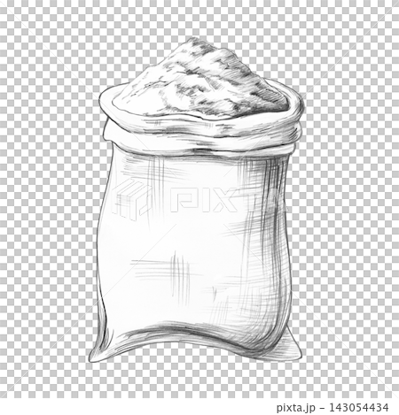 Pencil drawing of a sack of flour. An isolated illustration suitable for decorating bakeries, flour mills, farms, cafes, and restaurants, as well as for kitchen textile designs. Pencil drawing of a sack of flour. An isolated illustration suitable for decorating bakeries, flour mills, farms, cafes, and restaurants, as well as for kitchen textile designs. 143054434
