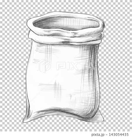 Pencil drawing of an empty sack. An isolated illustration for decorating bakeries, flour mills, farms, cafes, and restaurants, as well as for kitchen textile designs. Pencil drawing of an empty sack. An isolated illustration for decorating bakeries, flour mills, farms, cafes, and restaurants, as well as for kitchen textile designs. 143054435