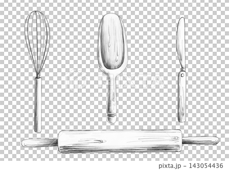 Set of kitchen tools: whisk, wooden spoon, knife, and rolling pin. Isolated pencil illustration for the design of cooking schools, blogs, restaurants, cafes, and kitchen textiles. 143054436
