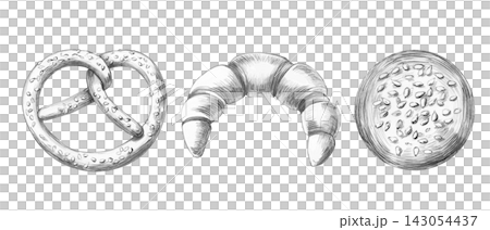 Pencil drawing of a pretzel, a crescent roll, and a bun. Isolated illustration for bakeries, restaurants, cafes, food delivery services, catering, culinary magazines, and home textiles. Pencil drawing of a pretzel, a crescent roll, and a bun. Isolated illustration for bakeries, restaurants, cafes, food delivery services, catering, culinary magazines, and home textiles. 143054437