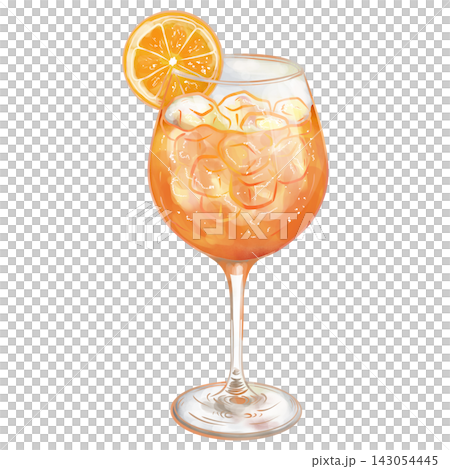 Hand painted digital watercolor Aperol Spritz cocktail with orange slice isolated on transparent background. Hand painted digital watercolor Aperol Spritz cocktail with orange slice isolated on transparent background. 143054445