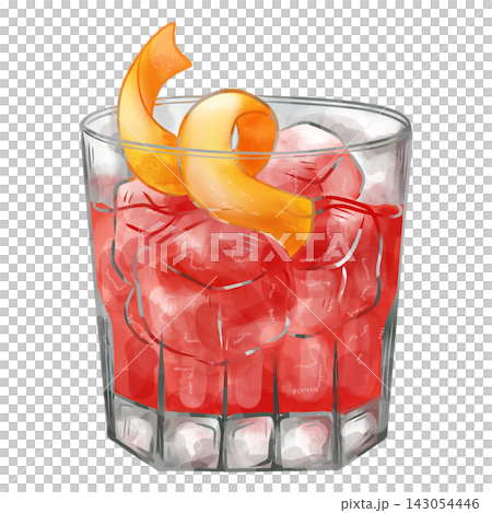 Digital watercolor Negroni cocktail with orange twist isolated on transparent background. Digital watercolor Negroni cocktail with orange twist isolated on transparent background. 143054446