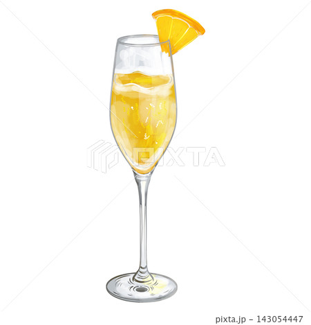 Digital watercolor Mimosa cocktail in flute glass isolated on transparent background. 143054447
