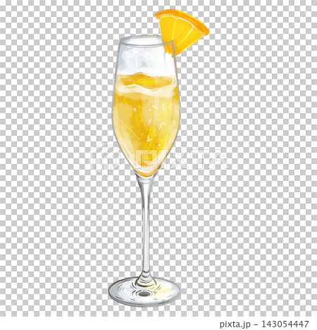 Digital watercolor Mimosa cocktail in flute glass isolated on transparent background. Digital watercolor Mimosa cocktail in flute glass isolated on transparent background. 143054447