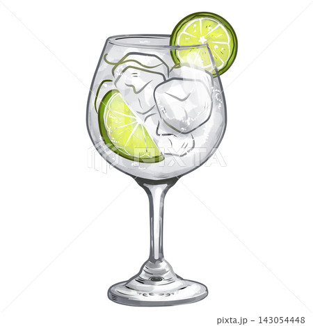 Hand painted digital watercolor Gin and Tonic cocktail with lime isolated on transparent background. 143054448