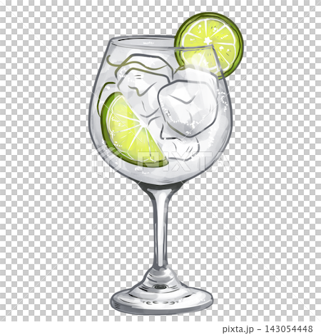 Hand painted digital watercolor Gin and Tonic cocktail with lime isolated on transparent background. 143054448
