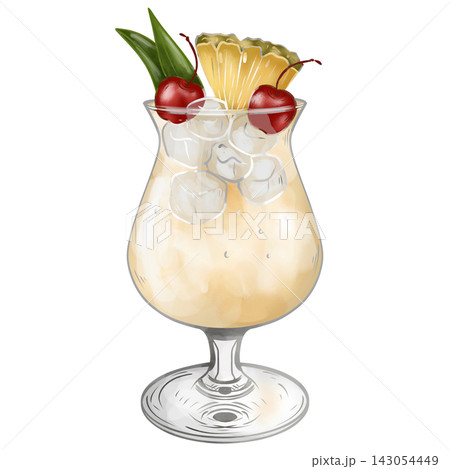 Digital watercolor Pina Colada tropical cocktail with pineapple and cherry isolated on transparent background. 143054449