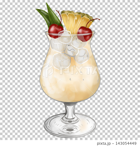 Digital watercolor Pina Colada tropical cocktail with pineapple and cherry isolated on transparent background. 143054449