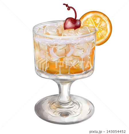 Hand painted digital watercolor Amaretto Sour cocktail isolated on transparent background. 143054452