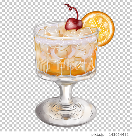 Hand painted digital watercolor Amaretto Sour cocktail isolated on transparent background. 143054452