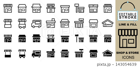 店舗とショップのベクターアイコンセット（線画・黒） 実店舗・キッチンカー・コンビニ・線幅調整可 143054639