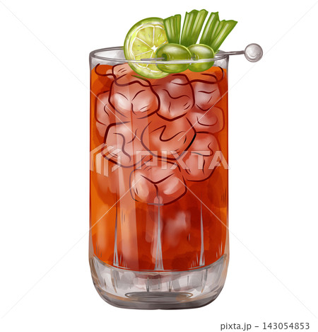 Digital watercolor Bloody Mary cocktail with celery and lime isolated on transparent background. 143054853