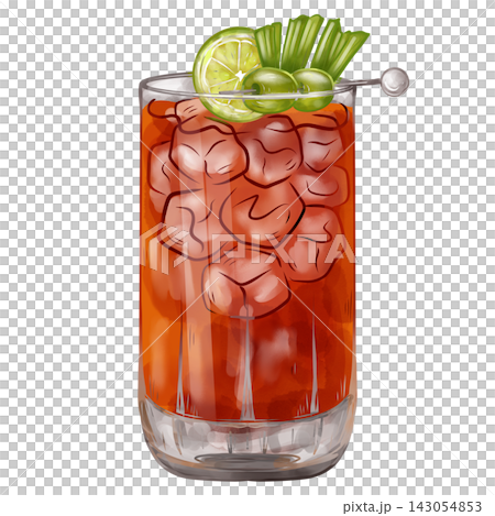 Digital watercolor Bloody Mary cocktail with celery and lime isolated on transparent background. 143054853
