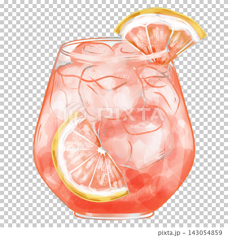 Digital watercolor Paloma cocktail with grapefruit slice isolated on transparent background Digital watercolor Paloma cocktail with grapefruit slice isolated on transparent background 143054859