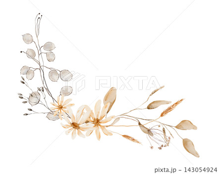 Hand painted watercolor arrangement with cream daisy flowers, translucent lunaria pods, golden wheat spikes, dried seed heads and beige twigs in warm neutral ochre palette isolated on white background 143054924
