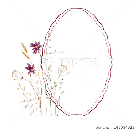 Oval frame with burgundy wavy border adorned by deep purple cosmos flowers golden wheat stalks and delicate dried seed heads on white background. Hand-painted watercolor illustration with empty center 143054925