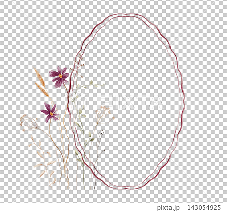 Oval frame with burgundy wavy border adorned by deep purple cosmos flowers golden wheat stalks and delicate dried seed heads on white background. Hand-painted watercolor illustration with empty center Oval frame with burgundy wavy border adorned by deep purple cosmos flowers golden wheat stalks and delicate dried seed heads on white background. Hand-painted watercolor illustration with empty center 143054925