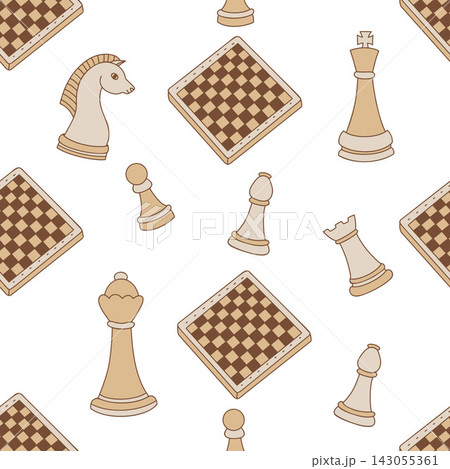 Chess Board Pieces Seamless Pattern. Strategy Game. Brown Figures King Queen Rook Bishop Knight Pawn Repeatable Texture on White Background. Vector Illustration. Color Doodle Hand Drawn Tile Swatch 143055361