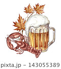 A mug of beer, a lobster snack. Hand drawn watercolor illustration. Decorated with autumn leaves. For Oktoberfest, flyers, posters, invitations. For pub menus and much more. 143055389