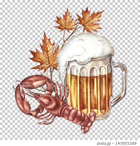 A mug of beer, a lobster snack. Hand drawn watercolor illustration. Decorated with autumn leaves. For Oktoberfest, flyers, posters, invitations. For pub menus and much more. A mug of beer, a lobster snack. Hand drawn watercolor illustration. Decorated with autumn leaves. For Oktoberfest, flyers, posters, invitations. For pub menus and much more. 143055389