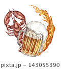 A mug of beer, a lobster snack, a splash of beer. Hand drawn watercolor illustration. A design element for Oktoberfest, flyers, posters, invitations. For pub menus and much more. 143055390