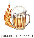 A glass mug with beer and a splash of beer. A hand drawn watercolor illustration. A design element for flyers, posters, party invitations. For a pub or restaurant menu, labels, and much more. 143055391