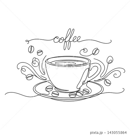 Continuous line drawing of a coffee cup with beans and handwritten coffee text Continuous line drawing of a coffee cup with beans and handwritten coffee text 143055864