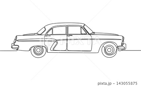 Continuous one line drawing of a vintage sedan car isolated on a white background Continuous one line drawing of a vintage sedan car isolated on a white background 143055875
