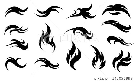 Set of black flame and fire silhouette shapes isolated on a white background 143055995