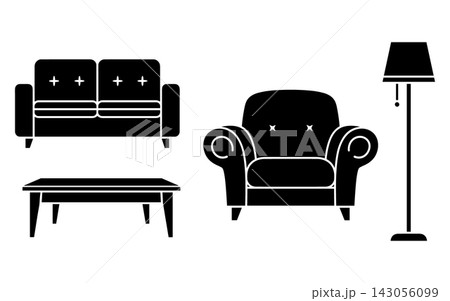 Set of black silhouette icons representing living room furniture on white background Set of black silhouette icons representing living room furniture on white background 143056099