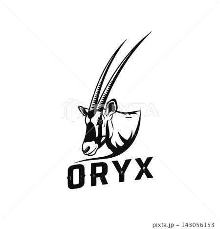 Black and white graphic illustration of an oryx head with long horns and text 143056153