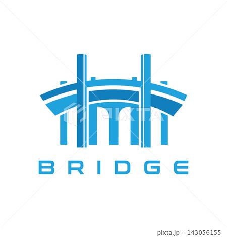 Blue bridge icon logo design with minimalist architectural structure on white background 143056155