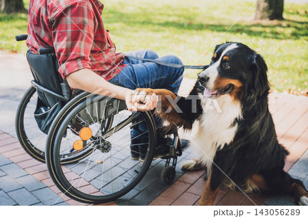 Happy young man with a physical disability in a wheelchair with his dog. Happy young man with a physical disability in a wheelchair with his dog. 143056289