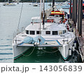 Wide marina crowded with moored sailboats and catamarans beneath partly cloudy blue sky 143056839