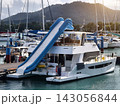 Wide marina crowded with moored sailboats and catamarans beneath partly cloudy blue sky 143056844