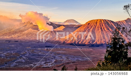 Beautiful morning view of Mount Bromo and Mount Semeru. 143056988
