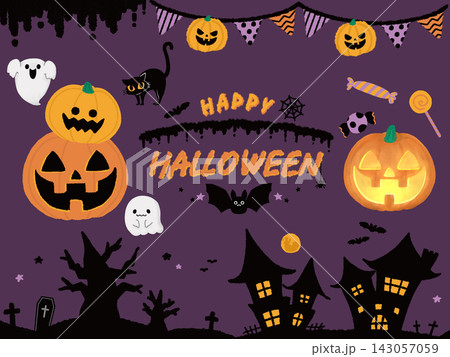 ハロウィンのかわいいイラストセット 背景あり ハロウィンのかわいいイラストセット 背景あり 143057059