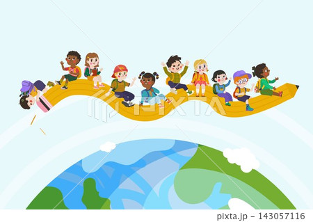 Diverse school children sitting on giant pencil above globe in flat vector style Diverse school children sitting on giant pencil above globe in flat vector style 143057116