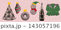 Christmas Food and Festive Decoration Set with Gingerbread, Christmas Tree, Snowman, Bottle and Gift Bow in Halftone Pop Art Style on Pink Background 143057196