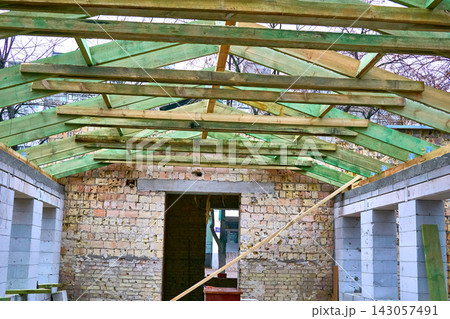 Wooden floor ceiling joists, preparation for roof decking 143057491