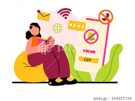 Digital Detox Vector Illustration Featuring People Disconnecting from Smartphones, Blocking Notifications, and Practicing Mindfulness 143057724