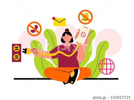 Digital Detox Vector Illustration Featuring People Disconnecting from Smartphones, Blocking Notifications, and Practicing Mindfulness Digital Detox Vector Illustration Featuring People Disconnecting from Smartphones, Blocking Notifications, and Practicing Mindfulness 143057725