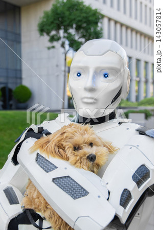 White humanoid robot standing closely hugging small fluffy pet dog White humanoid robot standing closely hugging small fluffy pet dog 143057814
