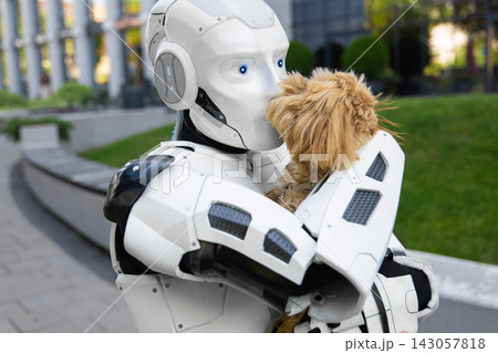 Humanoid robotic machine gently hugging small fluffy brown dog Humanoid robotic machine gently hugging small fluffy brown dog 143057818