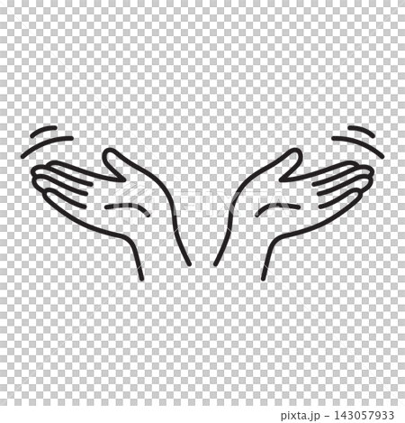 Minimalist black outline icon of two hands turning palms up representing confusion or uncertainty. Minimalist black outline icon of two hands turning palms up representing confusion or uncertainty. 143057933