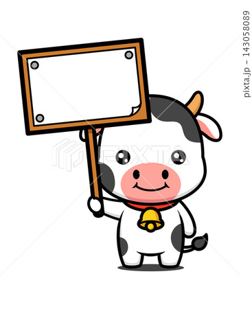 Cute Black and White Cow Cartoon Character Holding A Announcement Board 143058089