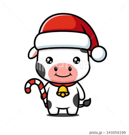 Cute Black and White Cow Cartoon Character Wearing Christmas Hat and Holding Candy Cane Cute Black and White Cow Cartoon Character Wearing Christmas Hat and Holding Candy Cane 143058190