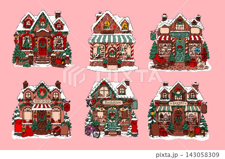 Christmas Village Houses Illustration Collection with Snowy Buildings 143058309