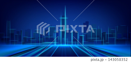 Futuristic city skyline with glowing blue building Futuristic city skyline with glowing blue building 143058352